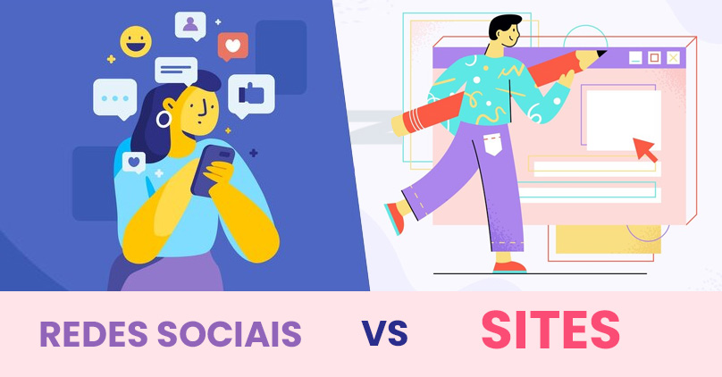 Imagem de uma mulher usando redes sociais e um homem criando sites, em flat design